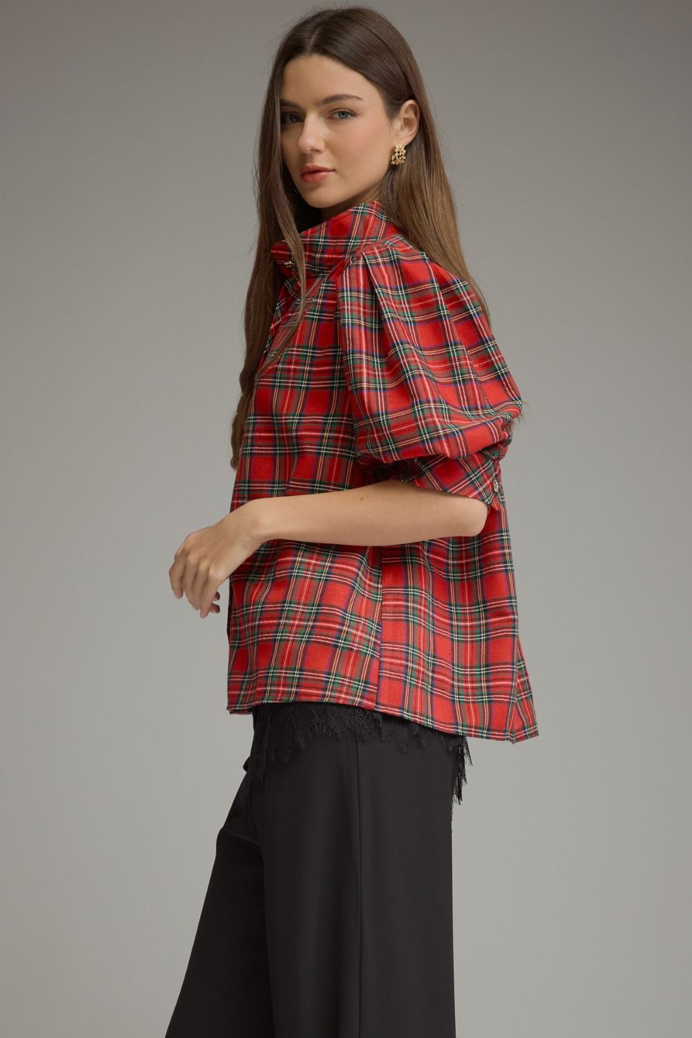 Red Plaid Short Puff Sleeve Top