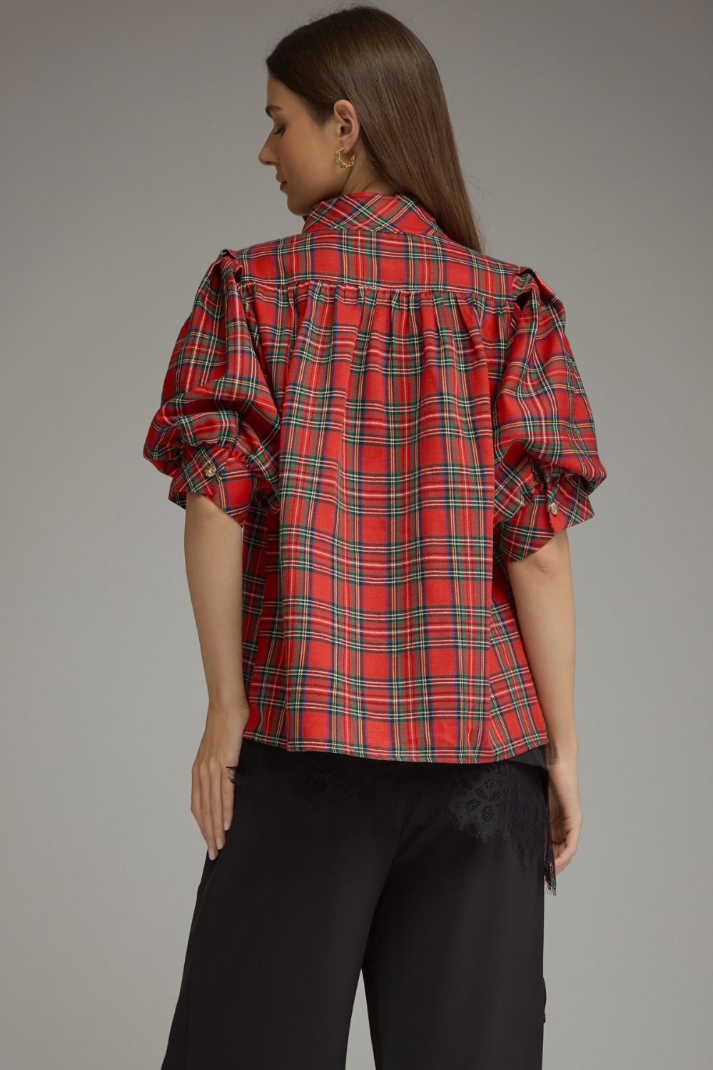 Red Plaid Short Puff Sleeve Top