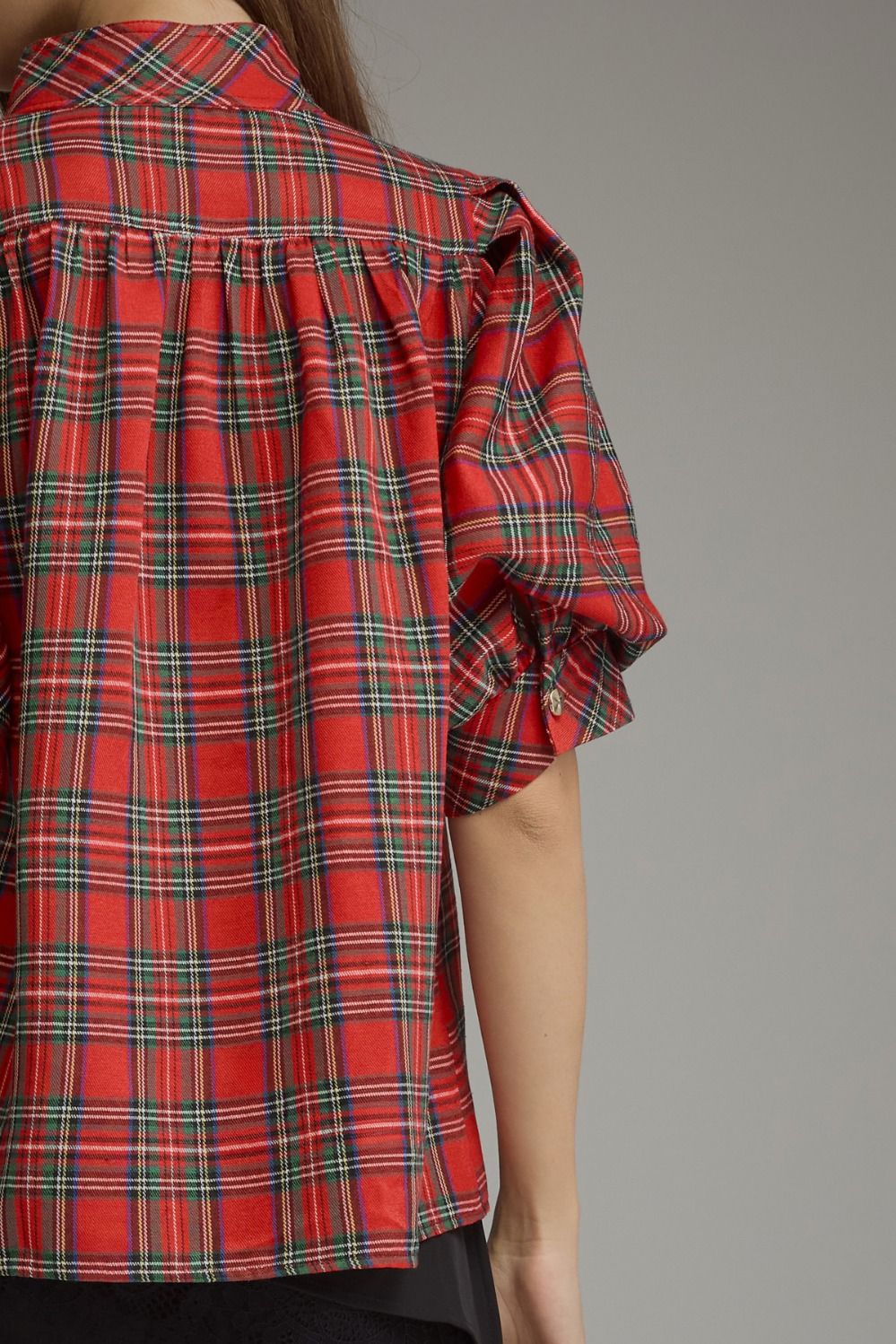 Red Plaid Short Puff Sleeve Top