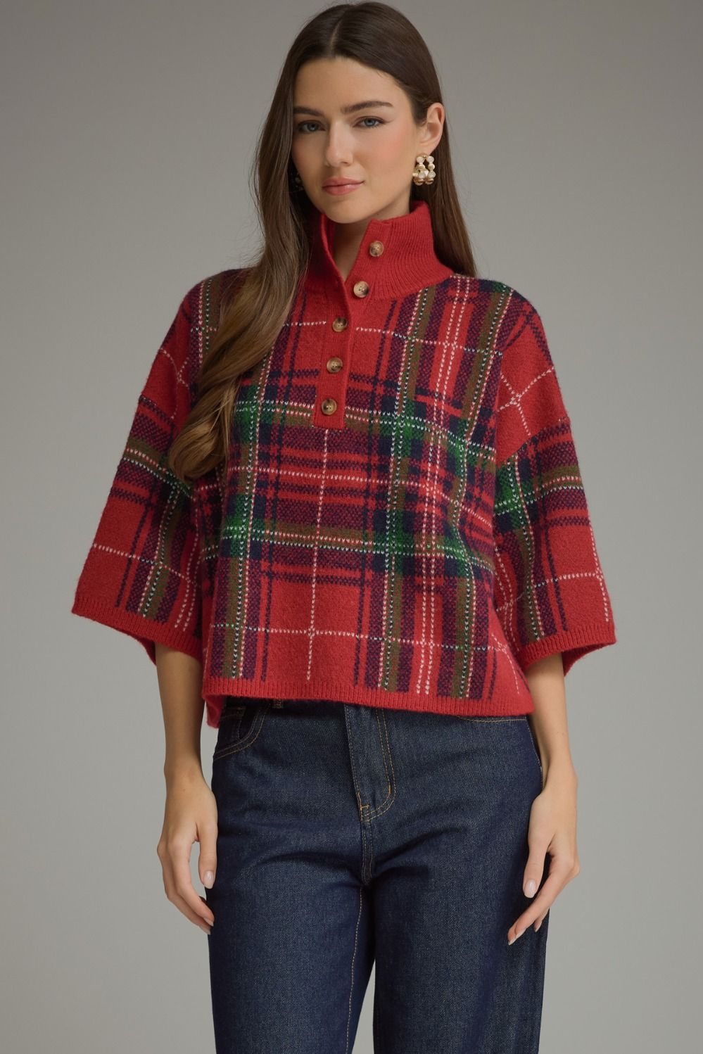 Red Plaid 3/4 Sleeve Sweater