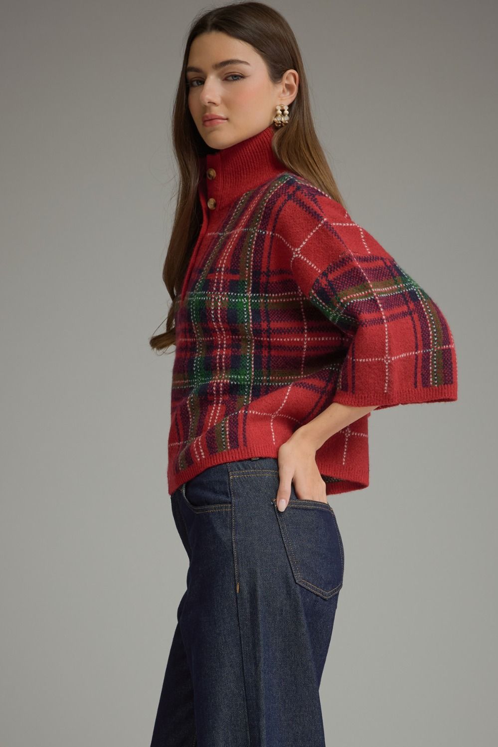 Red Plaid 3/4 Sleeve Sweater
