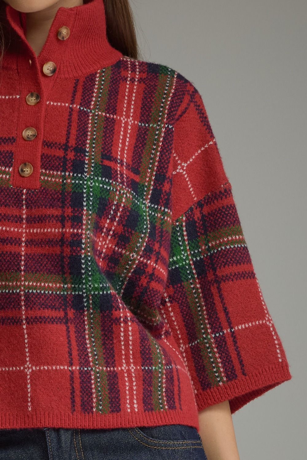 Red Plaid 3/4 Sleeve Sweater