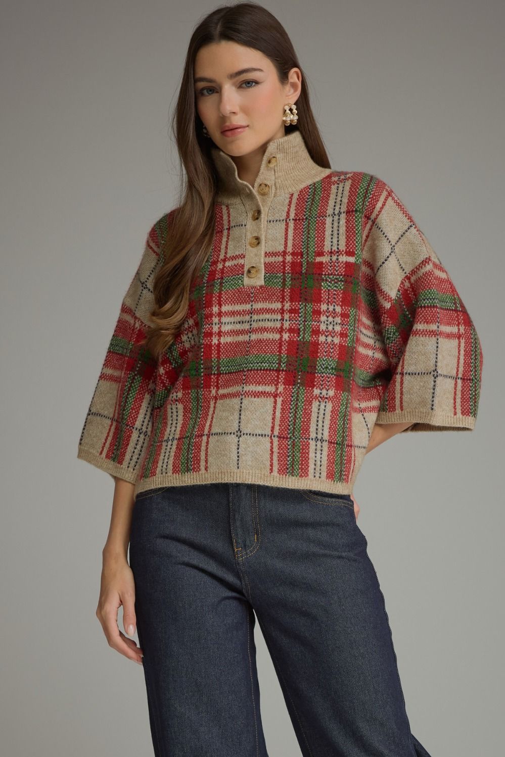 Taupe Plaid 3/4 Sleeve Sweater