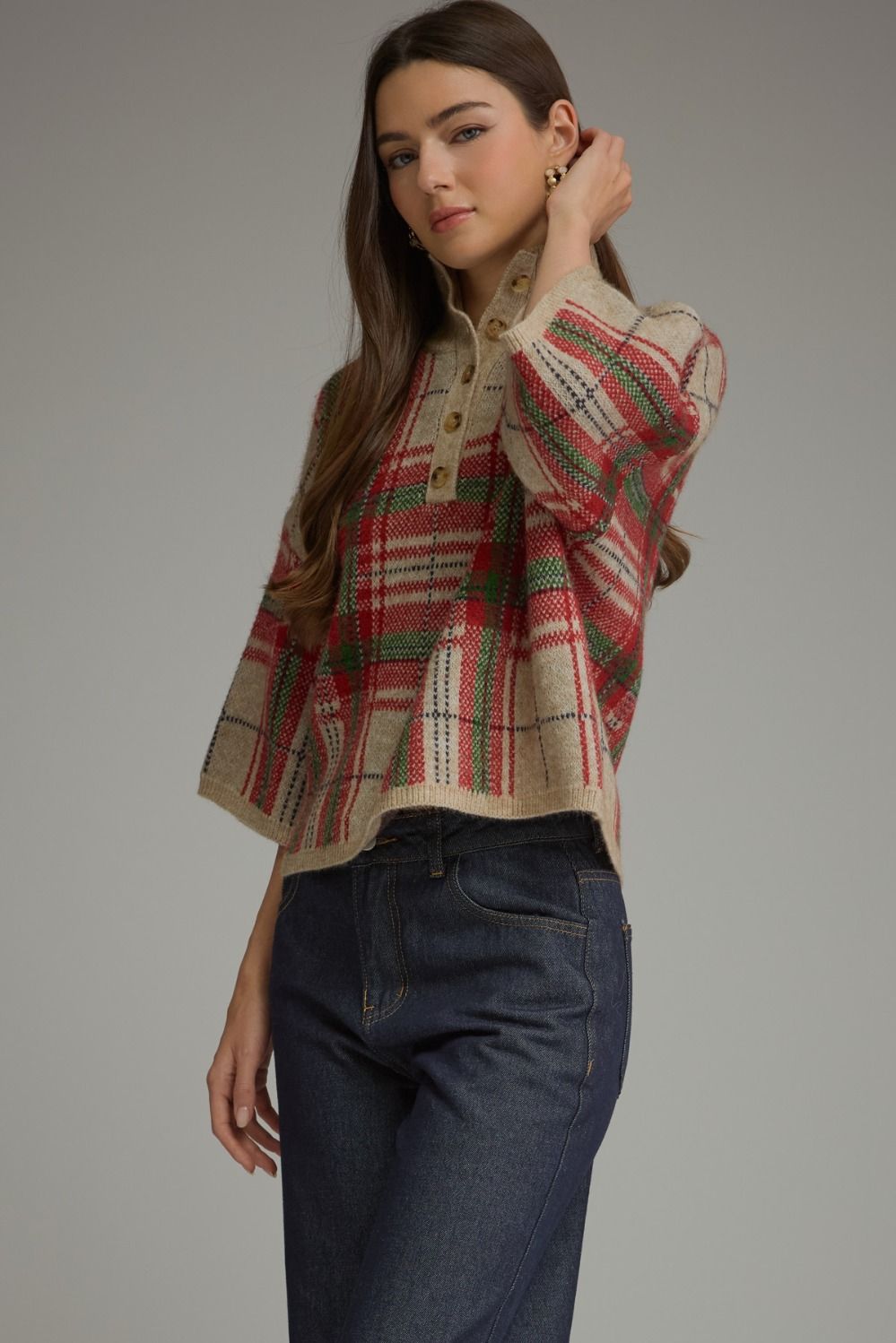 Taupe Plaid 3/4 Sleeve Sweater