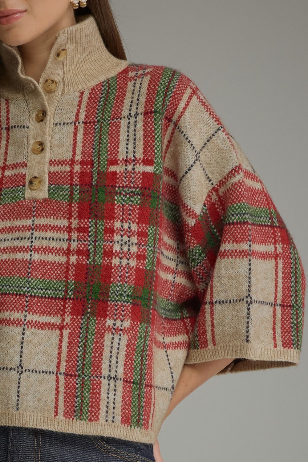 Taupe Plaid 3/4 Sleeve Sweater