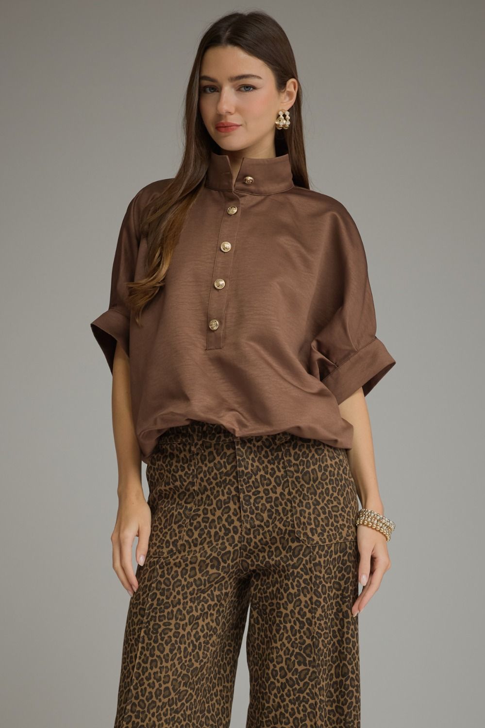 Brown Short Sleeve Collared Blouse