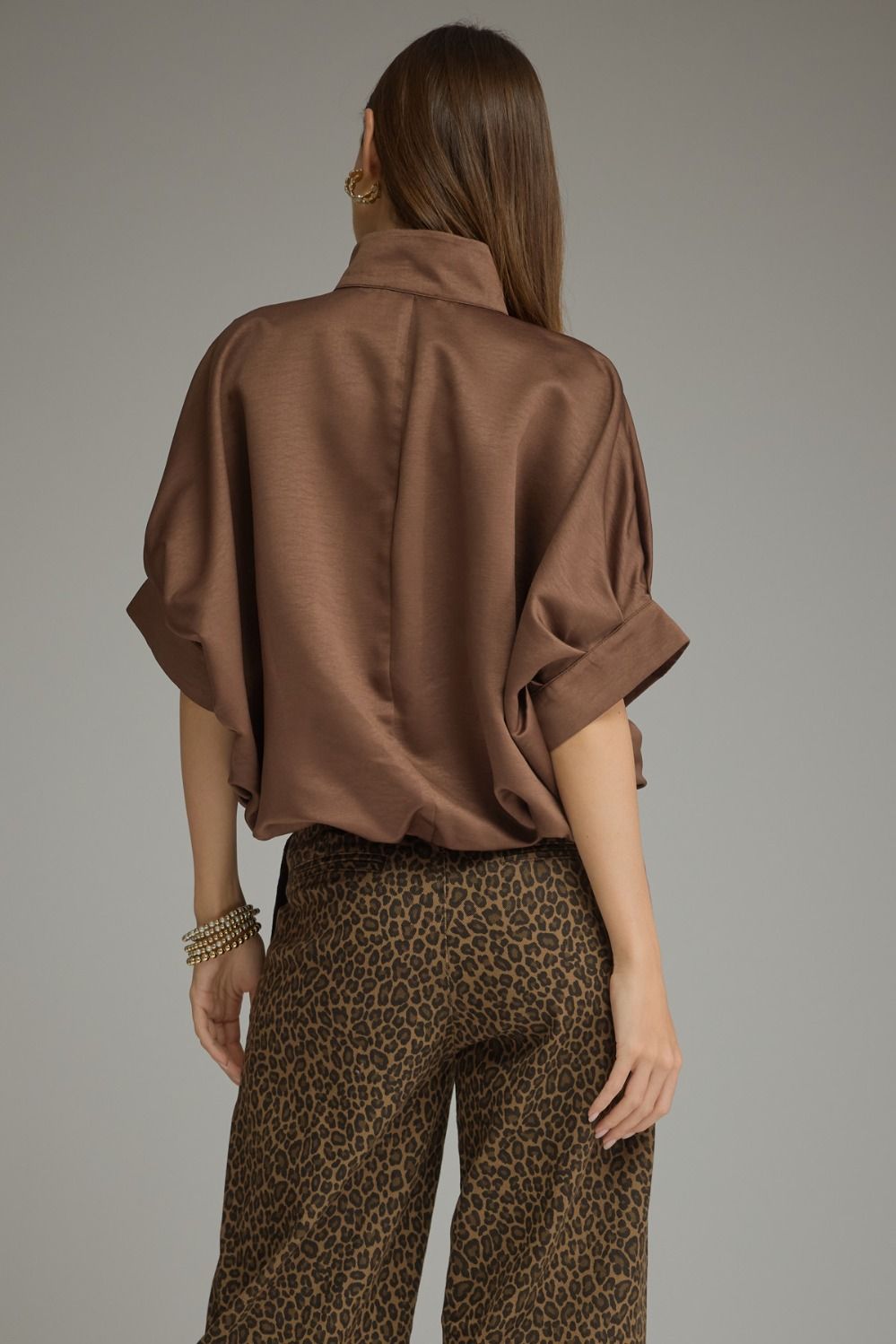 Brown Short Sleeve Collared Blouse