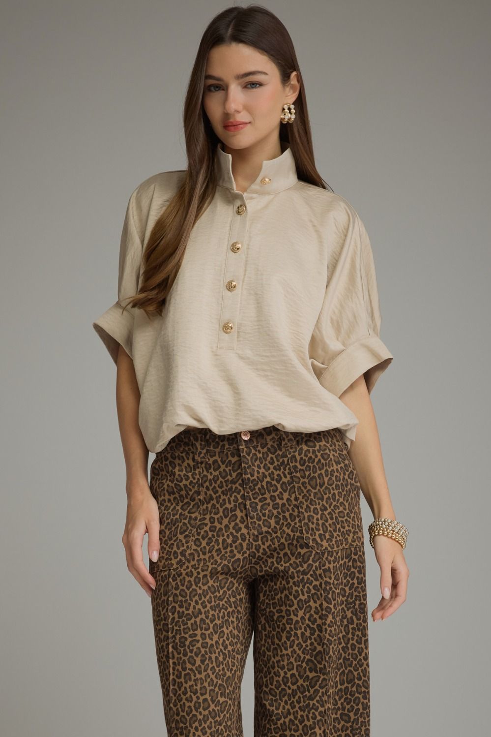 Taupe Short Sleeve Collared Blouse