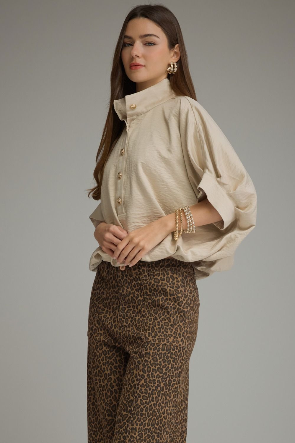 Taupe Short Sleeve Collared Blouse