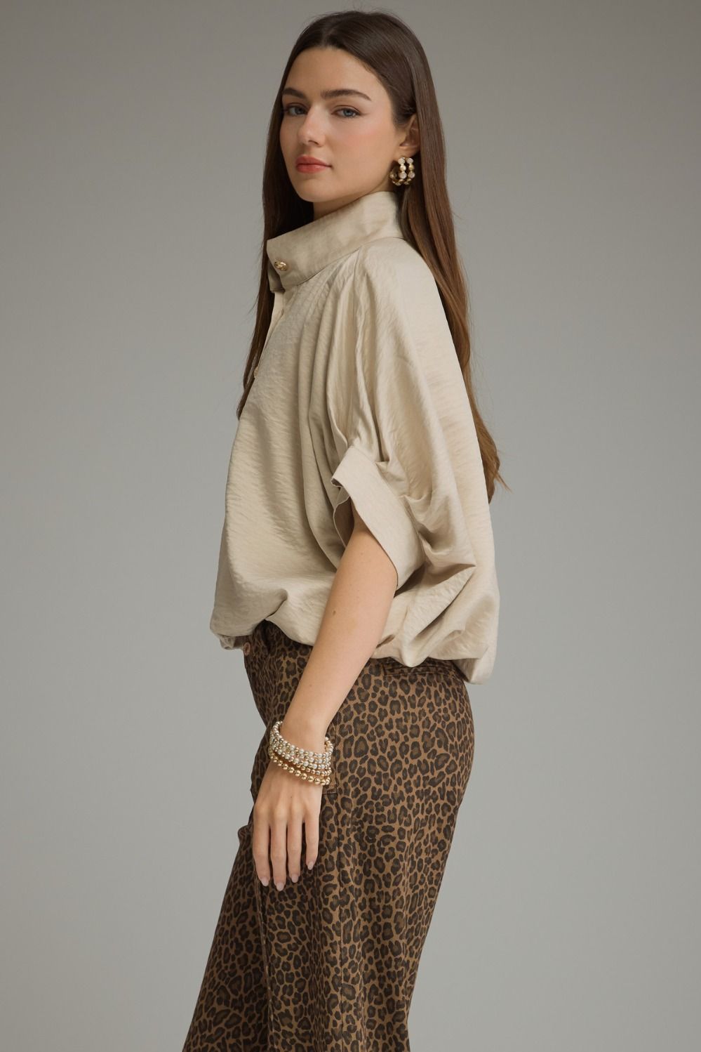 Taupe Short Sleeve Collared Blouse