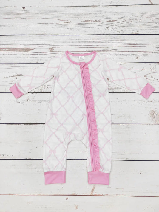 Baby Pink Bow Print Sleeper with Ruffle 0-3 months