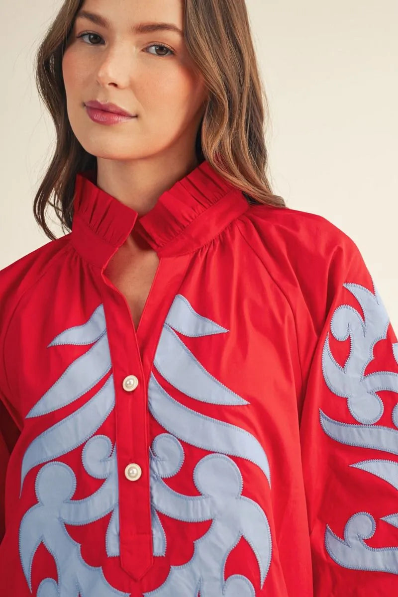 Tomato Red Shift w/Blue Applique