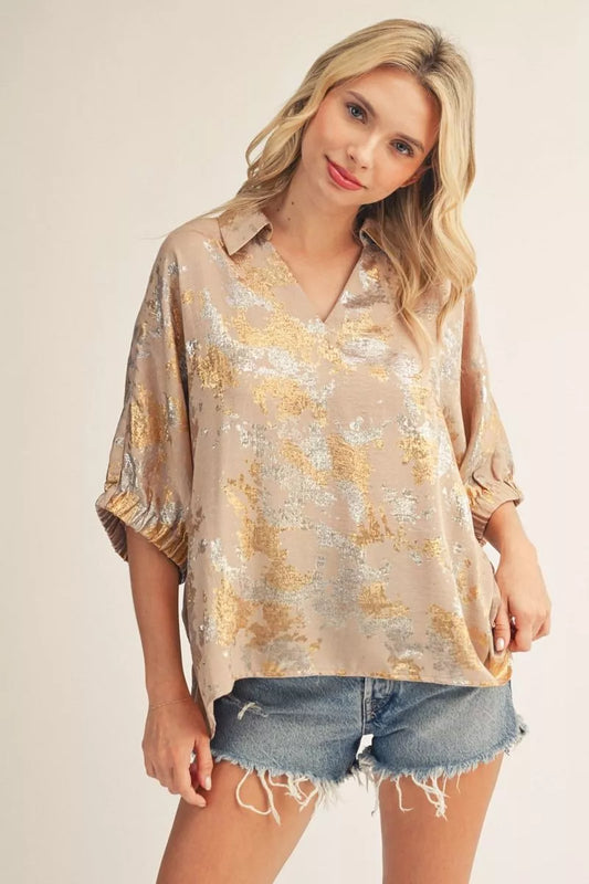 Taupe Drop Shoulder Dolman Sleeves Metallic Top