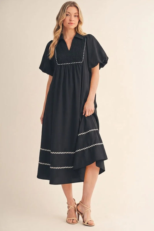 Black Puff Sleeve Midi Dress With White Trim