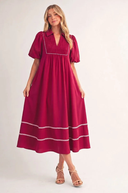 Burgundy Puff Sleeve Midi Dress With Contrast Trim