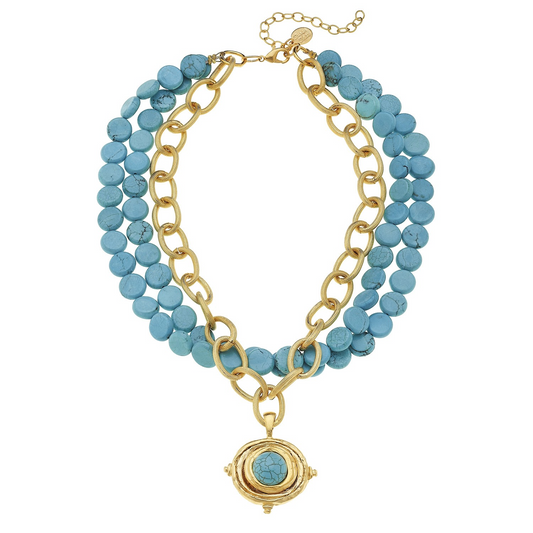 Multi-Strand Genuine Turquoise with Handcast Gold Necklace 3424TQ