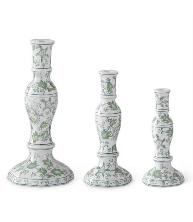 Green & White Floral Ceramic Taper Candleholders