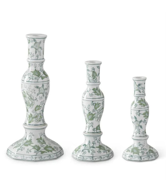 Green & White Floral Ceramic Taper Candleholders