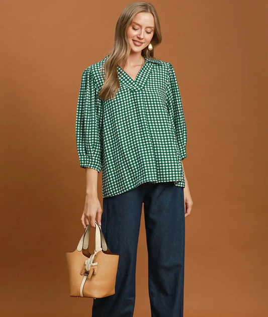 Classic Hunter Green Gingham Check Print Blouse