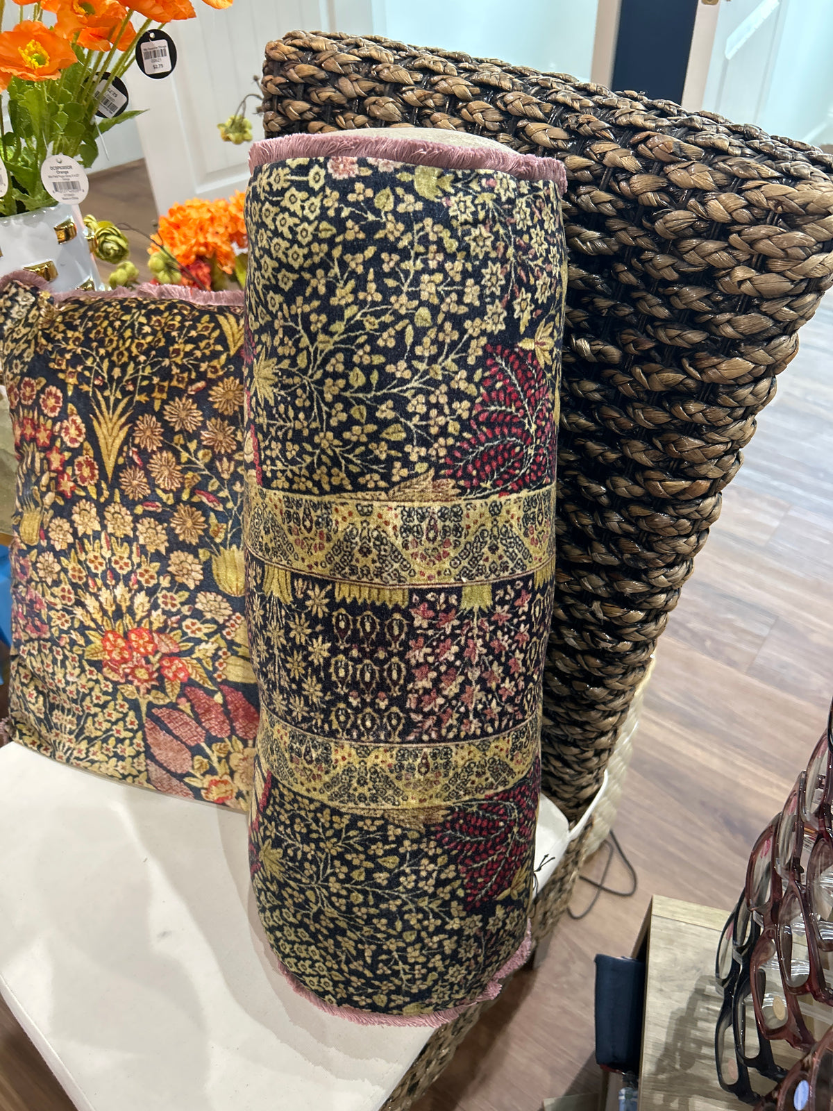 Cotton Velvet Printed Bolster Pillow w/ Botanical Pattern & Eyelash