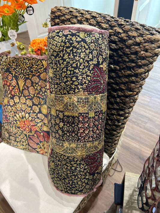 Cotton Velvet Printed Bolster Pillow w/ Botanical Pattern & Eyelash