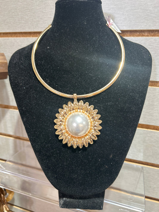 Gold Necklace with Large Sunflower and Pearl Charm