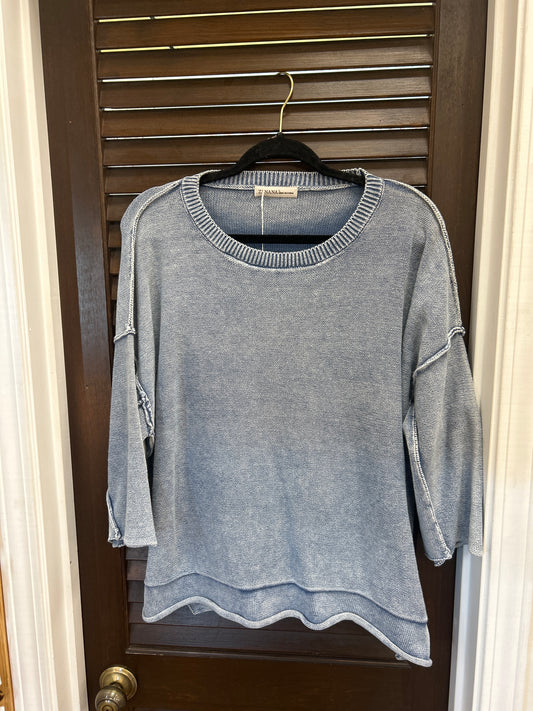 Washed 3/4 Sleeve Boxy Sweater - Dusty Blue