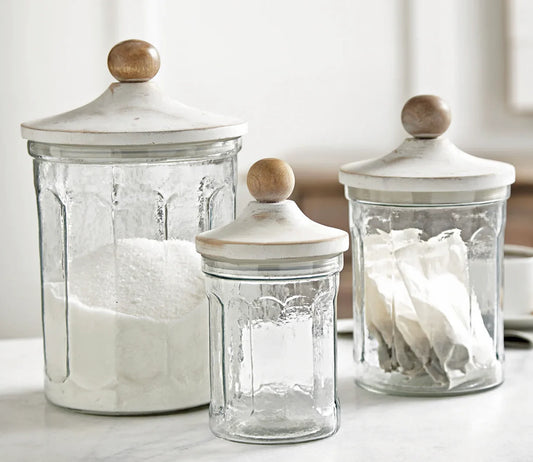 Glass Cannister set w/ white wooden lids