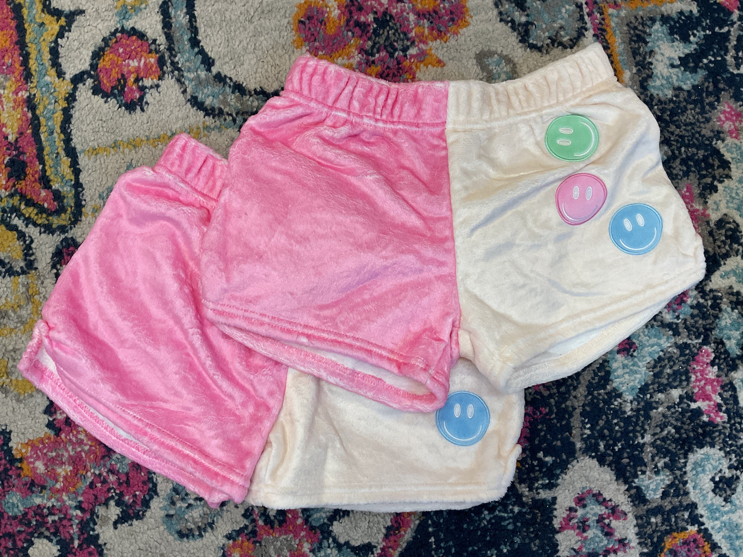 Kids Plush Shorts - Pink and White w/ Smiley Face