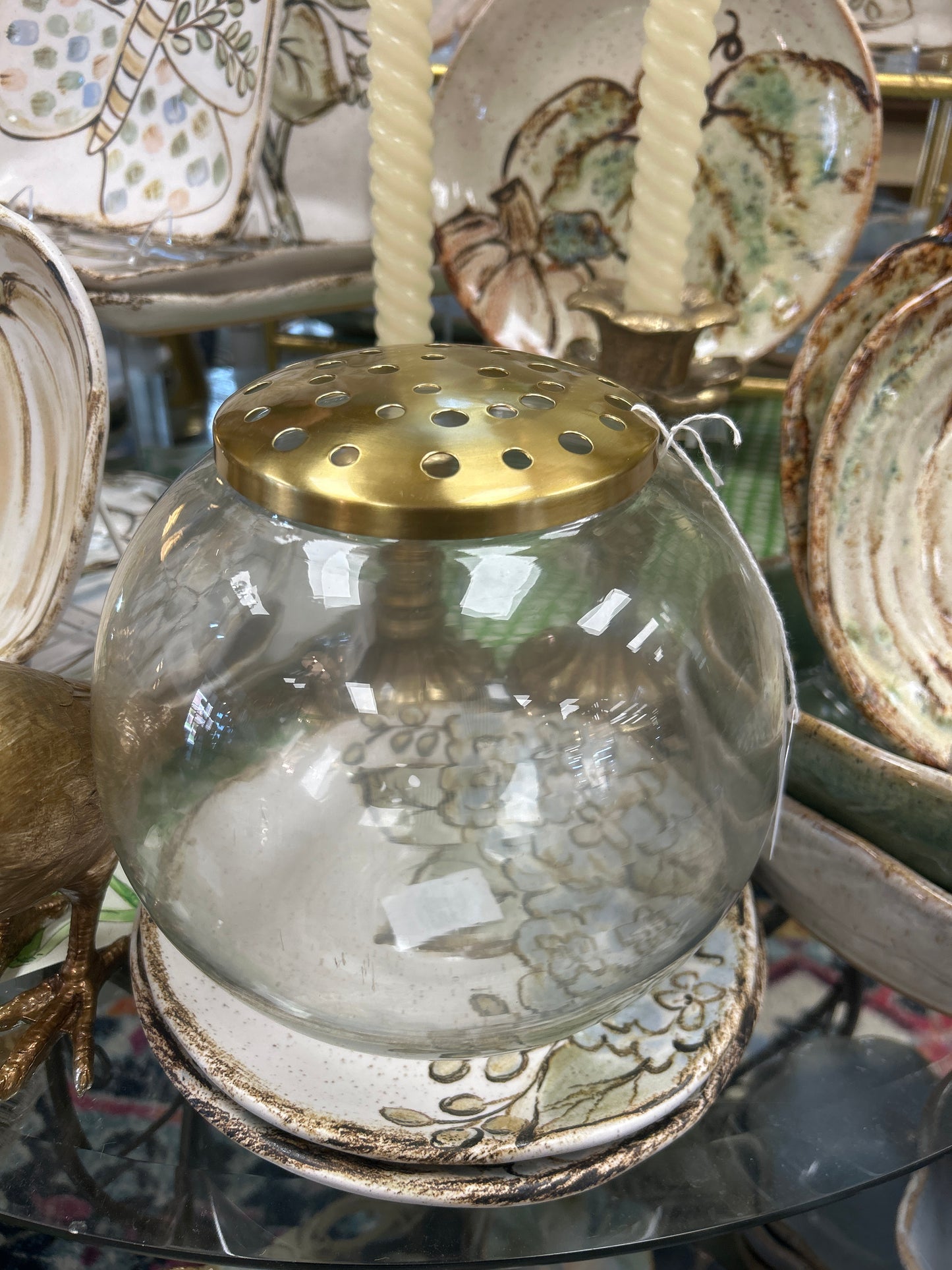 Gold Floral Round Frog Top Clear Vase
