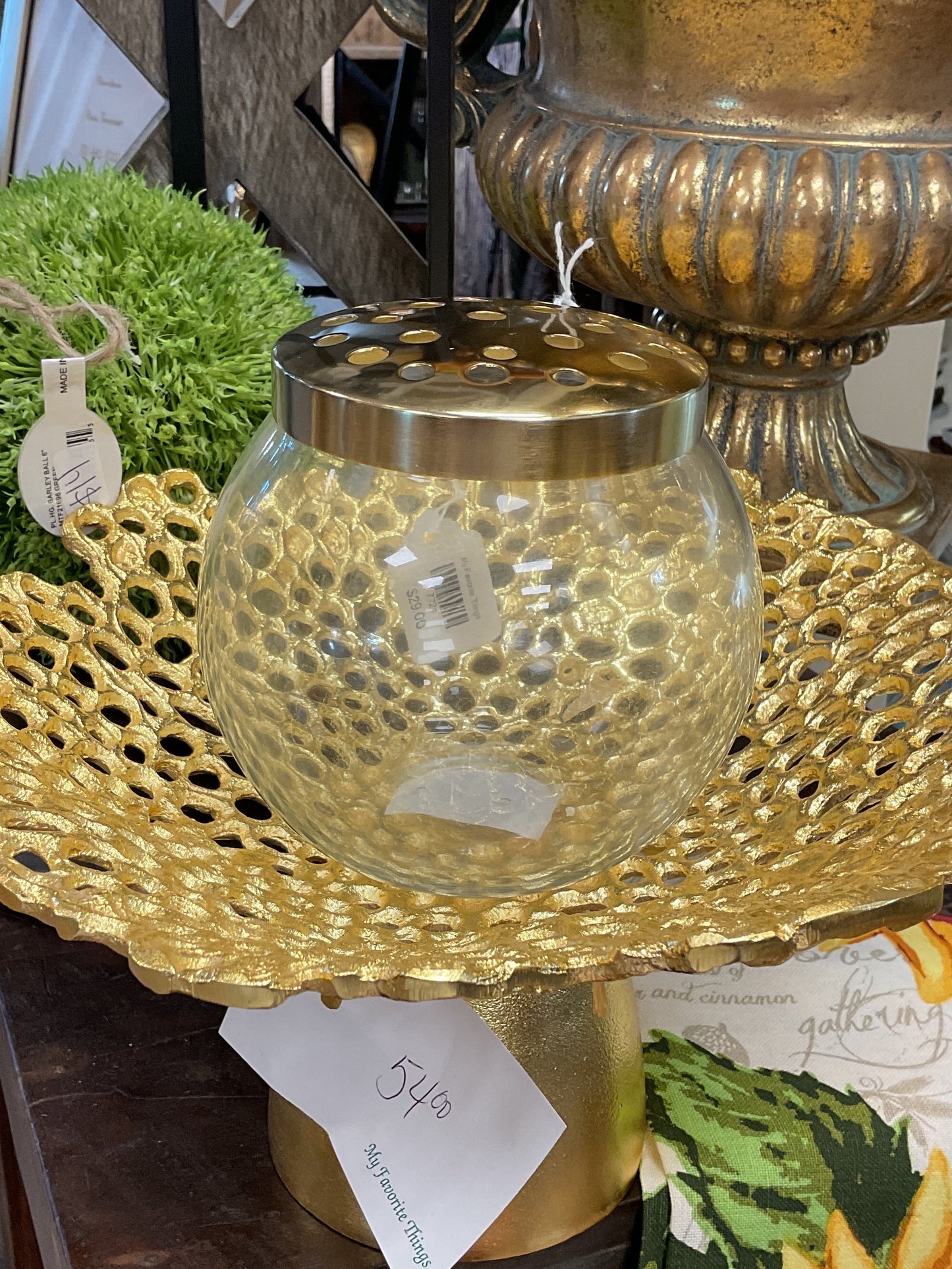 Small Gold Floral Frog Top Clear Vase