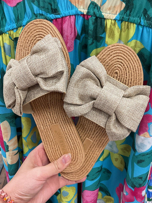 Beige Linen Bow Sandals