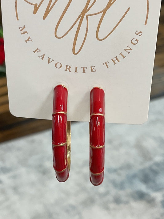 Gold and Red Bamboo Hoop Earrings