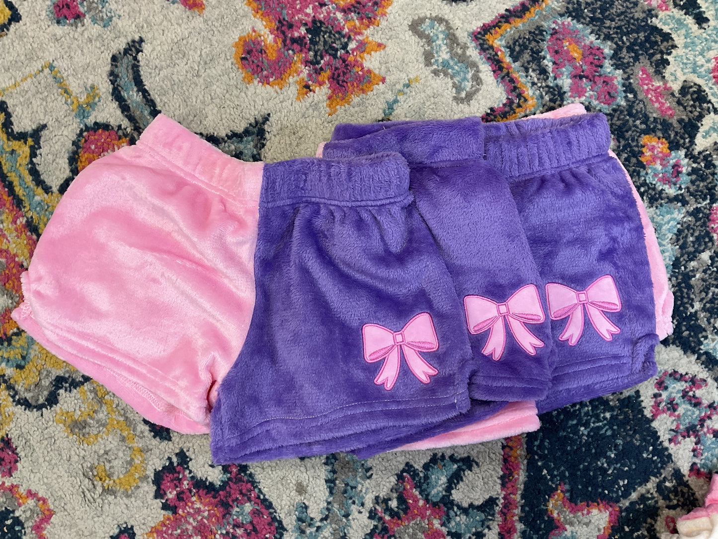Kids Plush Shorts - Pink and Purple w/ Bow