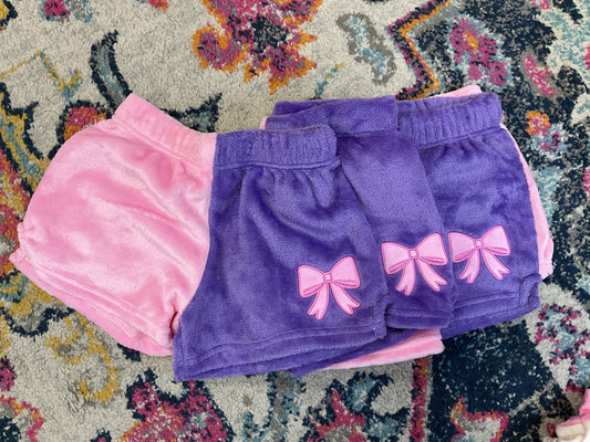 Kids Plush Shorts - Pink and Purple w/ Bow