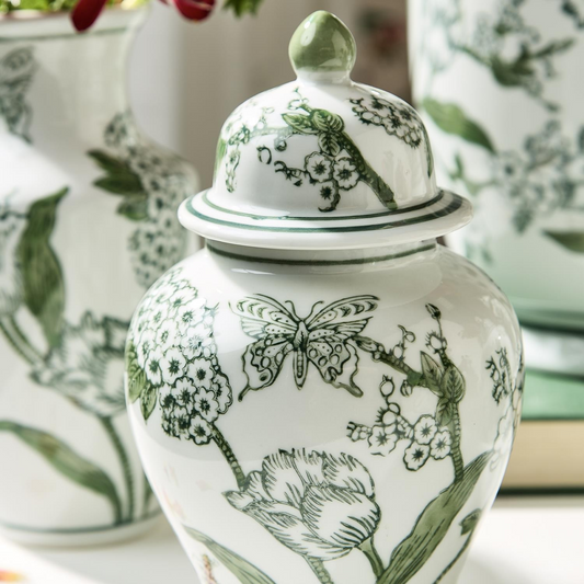 Primrose and Lotus Green/White Chinoiserie Jar with Lid
