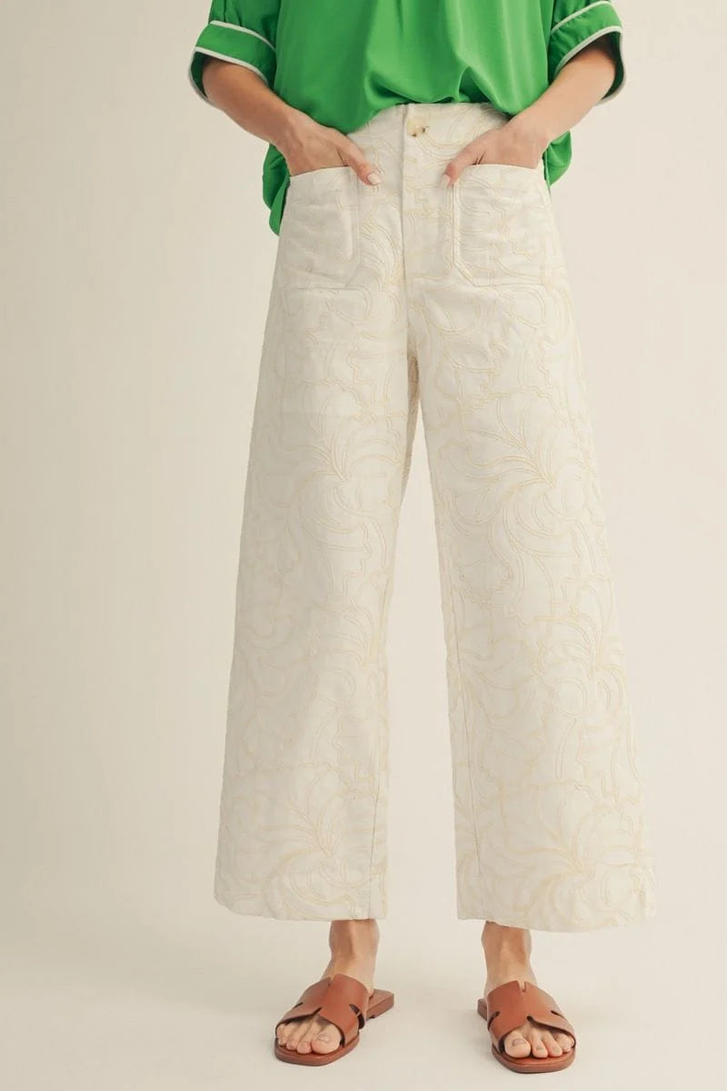 Raised Embroidery Design Cropped Wide Leg Pants