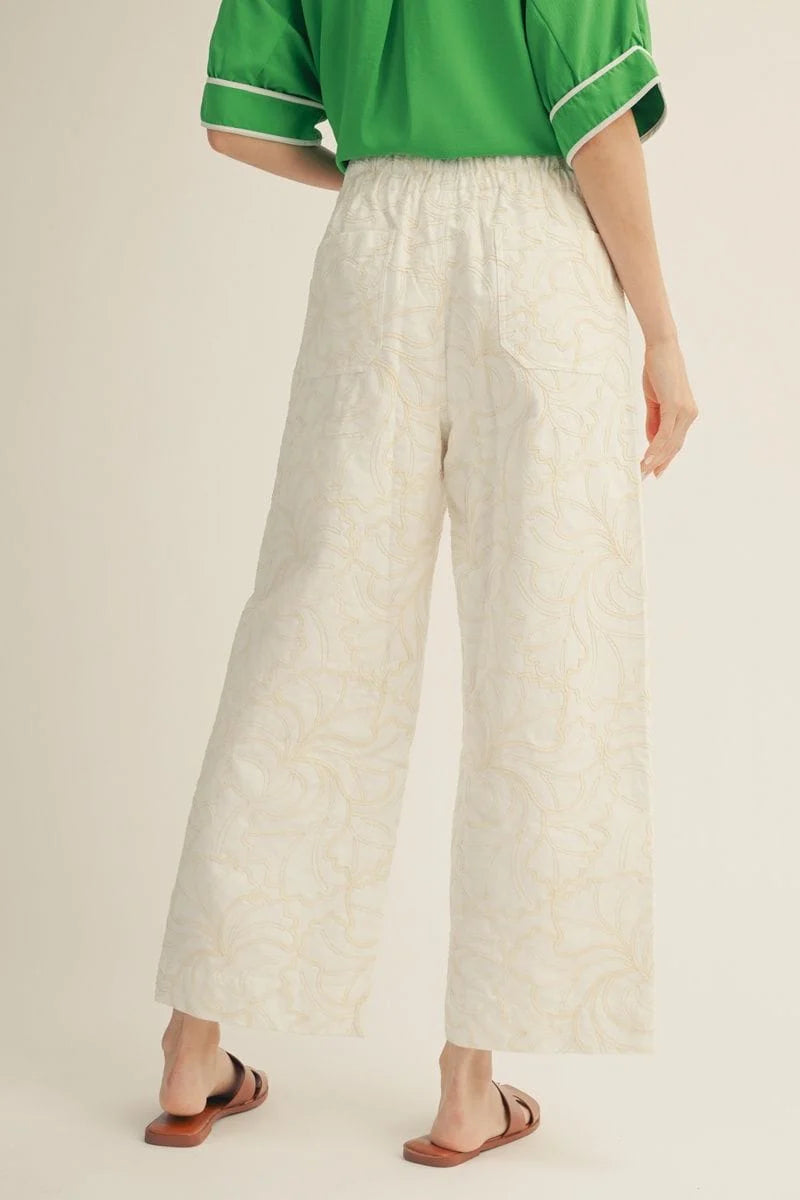Raised Embroidery Design Cropped Wide Leg Pants