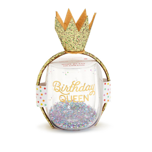 Birthday Queen Stemless Wine Glass and Glitter Headband