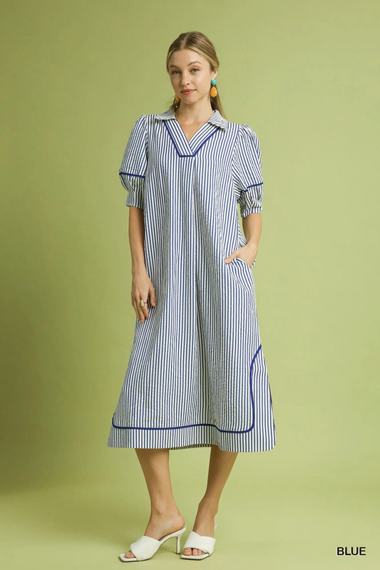 Seersucker Striped Blue Dress