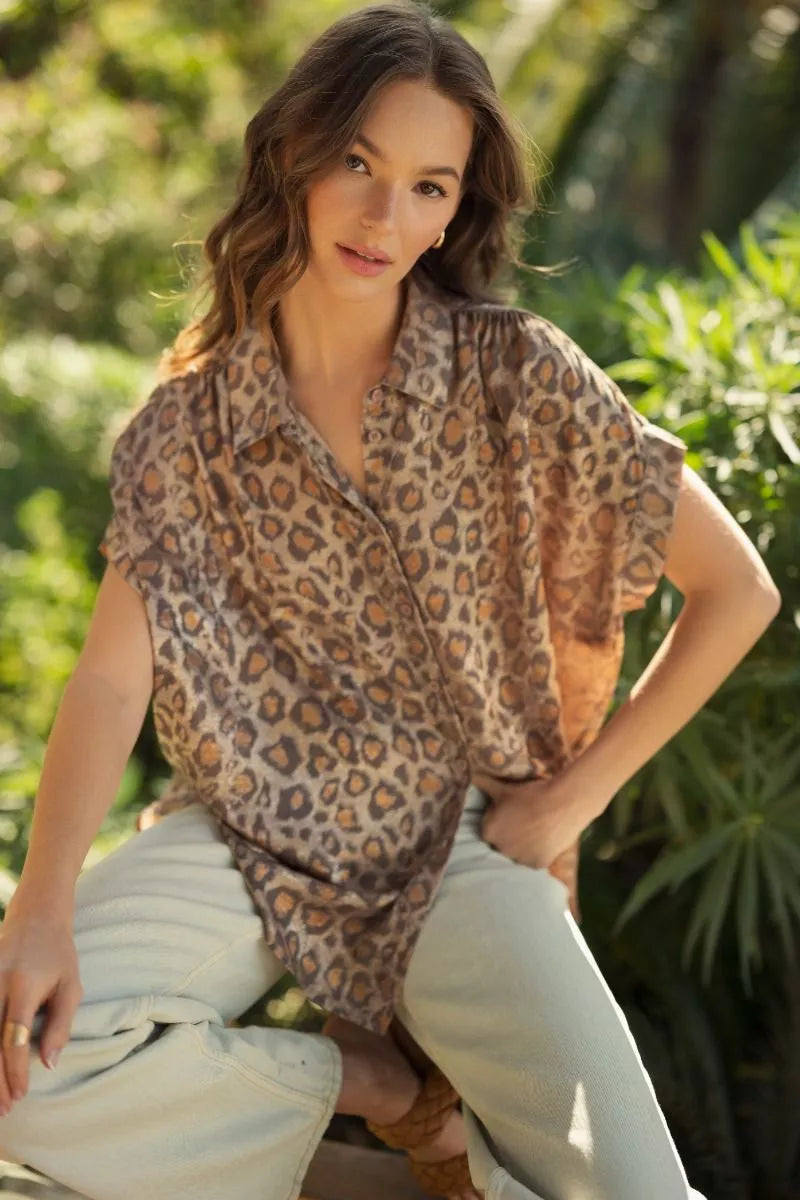 Toffee Leopard Button Down Blouse