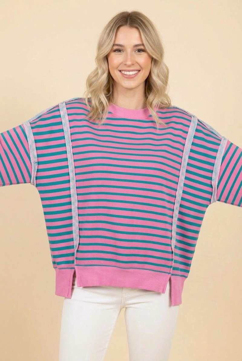 Pink and Teal Stripped Sweatshirt