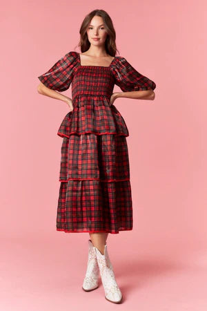 Tiered Midi Dress - Silky Organza Plaid Print