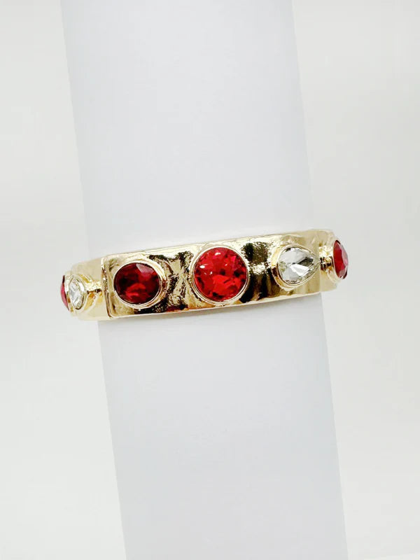 Gold with Red and Clear Crystals Stretch Bracelet