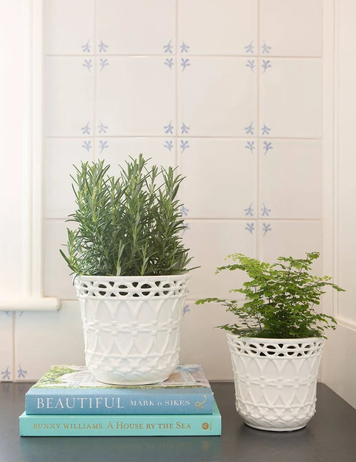 White Ceramic Basket Weave Embossed Pots