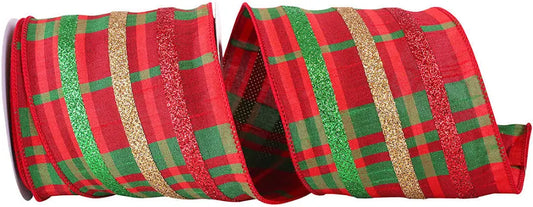 4" GLITTER STRIPED PLAID WIRED RIBBON  10 yards