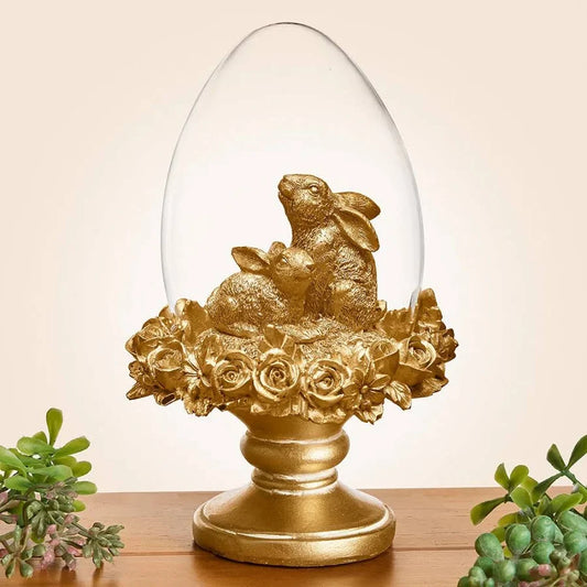6.25 Inch Gold Resin Easter Bunny Egg Cloche Topiariy