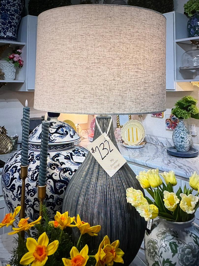 Tall Bluish Gray Lamp w/Ivory Linen Look Shade