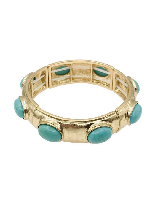 Turquoise Oval Stone on Hammered Gold Stretch Bracelet