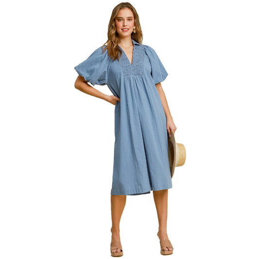 Smocked Front Yoke Midi Dress